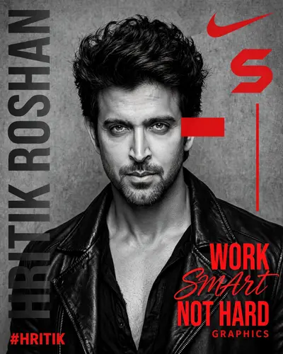A , black-and-white portrait of a confident young man (Hrithik Roshan) with voluminous hair, calm and determined expression, both eyes clearly
