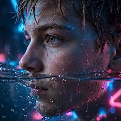 “A hyper-realistic close-up portrait shows the face of a young boy, in which only the left side of his face is visible – that too half immersed in