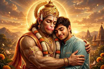 "A divine and emotional artwork depicting Lord Hanuman embracing a young man with affection and blessings. Lord Hanuman is portrayed with a radiant