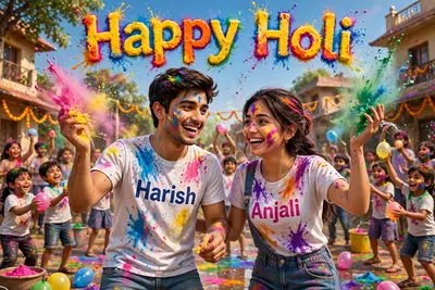 create a 3d image where a 20 year old couple are joyfully playing Holi, with vibrant colors splashed across their clothes. Both are wearing T-shirts