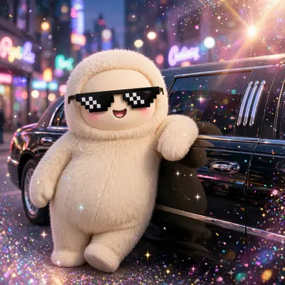 Playful nostalgic Y2K digital art portrait of a pixel-sunglasses icon leaning on a limo, glitter drifting through the air. Dreamy lens-flare sparkle