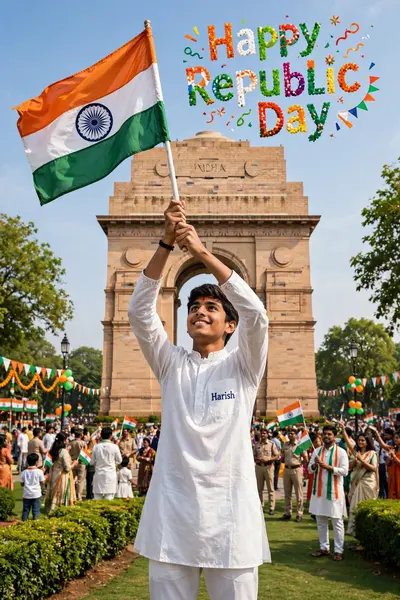 An 18 year old indian boy celebrating Republic Day at India Gate, New Delhi. He is wearing a crisp white kurta with 'Harish' clearly written on it