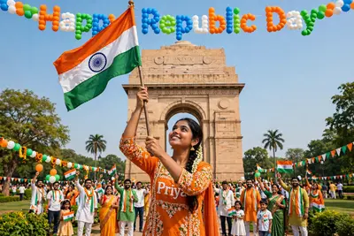 18 year old indian beautiful girl celebrating Republic Day at India Gate, New Delhi. She is wearing a kurti with Priya clearly written on it. she is