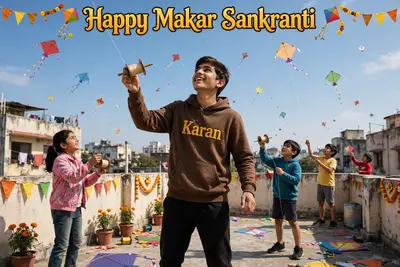 Realistic photo 18 year old boy flying kite on rooftop and celebrating Indian festival Sankranti With blue sky on the rooftop And wearing brown