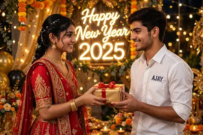 A 18 year old girl giving a New Year gift to a boy, boy is wearing a white shirt with the name"AJAY" is clearly written on the shirt. girl is wearing