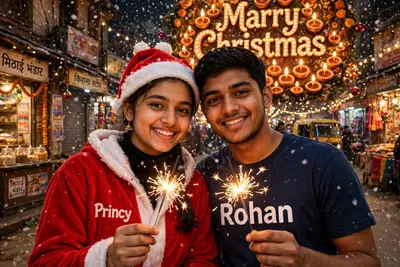 "A realistic portrait of an 18-year-old Indian couple celebrating Christmas on an Indian street. Girl wearing a senta clothes with Princy written on