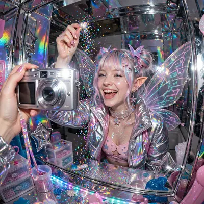candy-coated 2000s commercial art snapshot of a cyber fairy sprinkling holographic glitter, pure millennium-era energy. Harsh on-camera flash pop