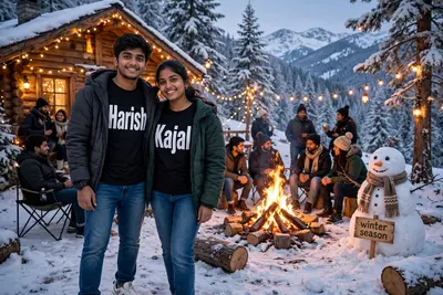 An 19-year-old indian couple is on a snowy mountain. The boy is wearing stylish jeans and sneakers, his T-shirt has “Harish” written in big letters