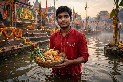 A real 20 year old Indian boy is standing in the water and is holding small sugarcanes, various fruits and sweets in a Supli, the boy is wearing a