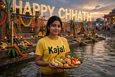 Create a realistic, high-quality image of a 20-year-old Indian girl standing in water with a variety of fruits and sweets in her hand. The girl is