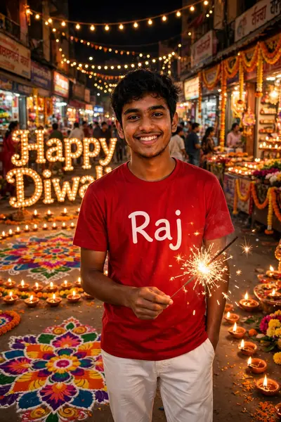 "A realistic portrait of an 18-year-old Indian boy named Raj celebrating Diwali on an Indian street. He's wearing a bright red t-shirt with 'Raj'