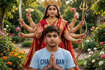 realistic close shoot image, standing maa Durga many arms looking straight wearing red traditional indian saree, 20 year old boy looking straight