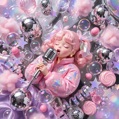 Dreamy bubblegum pop-art style scene featuring a karaoke singer belting into a chrome mic, surrounded by bubbles and sparkle. Chrome-ball studio