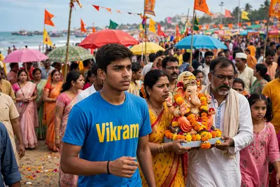 "Bustling beach scene during Ganesh Visarjan. In the foreground, 18-year-old Vikram, his name boldly printed on his blue t-shirt, leads his family