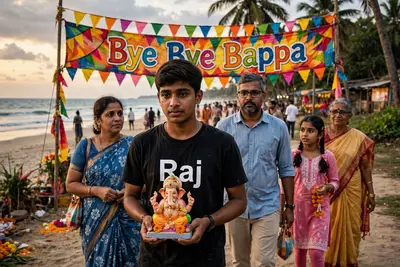 "An 18-year-old Indian boy named Raj, wearing a t-shirt with 'Raj' printed on it properly, carries a small Ganesh idol. He's surrounded by his