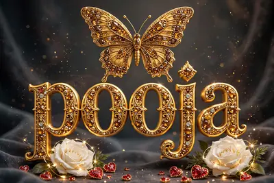 A beautiful and luxurious 3D render illustration featuring the name "pooja" in bold, ornate, and regal yellow letters. The letters are accentuated by