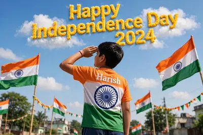 A young boy stands proudly under a clear blue sky, celebrating Independence Day on August 15th, 2024. He is wearing a vibrant tricolor T-shirt with