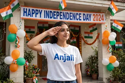 A real 20 year old girl , wearing a white "Anjali" T-shirt stands in front of a house decorated with Indian flags and tricolor balloons, saluting for