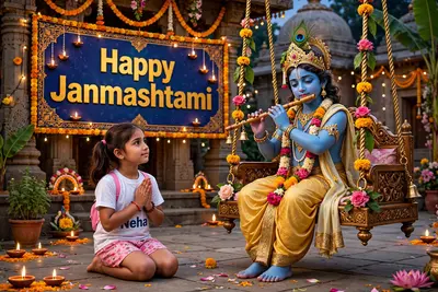 create a 3D realistic picture "A Girl is worshiping Shree Krishna and Shree krishna is sitting on a swing and playing flute and "Neha" is written on