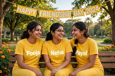 Indian Real 20 year old girls Named Pooja, Neha, Payal and they are wearing yellow color Top and pant, name written in white bold font on their