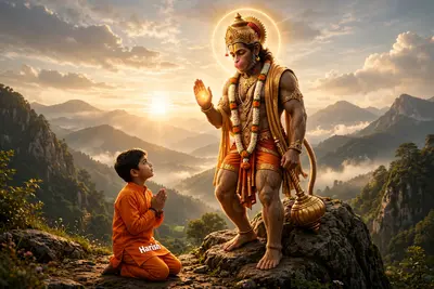 Create a high-quality image of Hanuman, the Hindu deity, standing on a rock with a glowing golden halo. Hanuman should be muscular, wearing