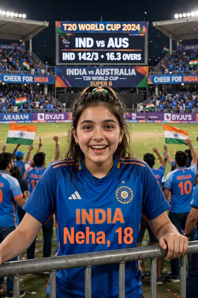 18 year old cute girl watching India vs Australia T20 world cup in the cricket stadium and cheering Team India, girl looking straight, stands against