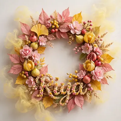 a close up of a wreath with Pink and yellow leaves with Yellow smoke, and the word Riya written, satisfying render, high quality scan, realistic 3d