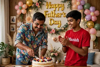 create realistic high quality image of a 18 year old Indian boy celebrating Father's Day , his father is cutting Cake with enthusiasm and boy