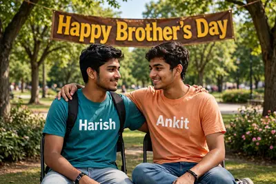 18 years old Two boys sitting on chair at beautiful park and putting their hand on each other , both are wearing Colored T-shirts on which Name