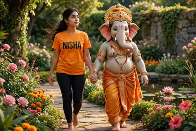 20 year old girl walking and holding hand with Lord Ganesha, girl is bare feet wearing saffron T-shirt with name " Nisha" written boldly, environment