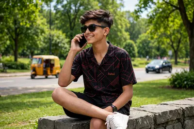 16 years old boy sitting on smoll wall in beautiful park, the boy wearing black printd shirt and some red lines on shirt, with white shoes, with name