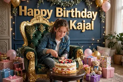 create realistic illusion image of A 16 year old girl is sitting on a king chair and she is cutting the birthday cake, there are many gifts kept next