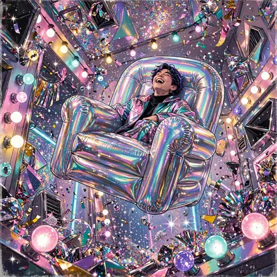 iridescent chrome-futurist illustration moment with a blow-up chair floating in a glitter room, caught mid-laugh in flash-lit glory. Candy-colored