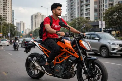 Create 3D realistic image of a 20 year old young boy, name "Karan" is written on his red t shirt. boy is looking very handsome and stylist, boy is