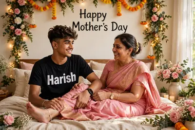 A real 18 year old Indian Boy and his 45 year old mother on a bed in a room,the Boy holds his mother leg with his hand, both are smiling, the Boy