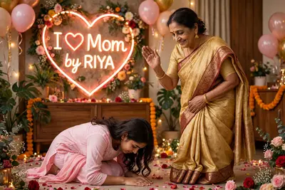 Create a realistic picture of a 55-year Old Mother wearing saree standing and blessing his A realistic picture of 22 year old Daughter falls at her