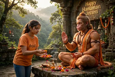 Create a Realistic High Quality image of LORD HANUMAN is depicted in meditation . Sitting on a Stone. A Realistic 18 year old girl Wearing Saffron
