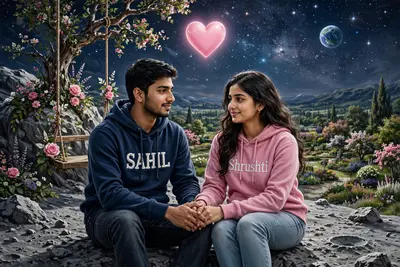 there are a couple both are 21 years old, sitting in front on a swing in the beautiful garden view, they are wearing a navy blue and pink hoodie,boy