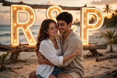 Create 3D realistic photo of a 20 year old couple, holding each other in romantic style, in background words "R & P" is written in big glowing