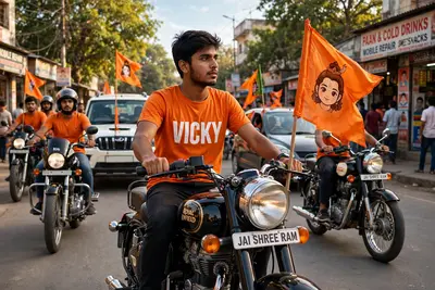 create high quality realistic image, a 20 year old boy driving bullet bike, boy wearing saffron tshirt with "VICKY" boldly written in white on it