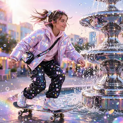 Glossy holographic sticker-book art style composition of a skater girl gliding past a chrome fountain, chrome and glitter everywhere. Pastel gradient