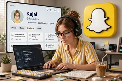 Create a 3D illustration featuring a realistic 20-year-old beautiful girl busy Developing software in front of a 3D logo of “SNAP CHAT” The girl