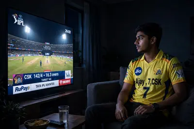 create a High quality realistic image of a 20 year old boy Watch Tata IpL on the Big Screen LED TV in a hall Room wearing CSK Team jersey on which