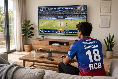 In a spacious, tastefully decorated living room, a lifelike scene unfolds. A young man, approximately 21 years old, engrossed in an IPL match, sits