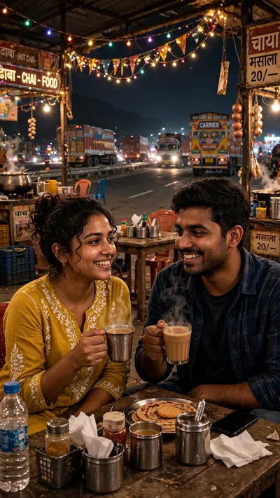 Reference my uploaded photo for the exact faces, skin tones, and features. Nothing about identities should change. Place us at a highway dhaba at