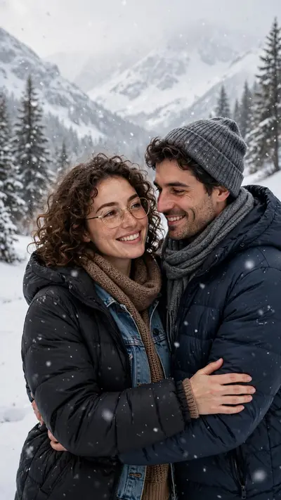 Reference my uploaded photo for the exact faces, skin tones, and features. Nothing about identities should change. Place us embracing in snowy