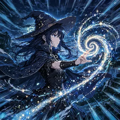 Dynamic anime key visual of a witch casting a spiral of starlight, drawn in modern shonen anime style. Moonlit blue rim light washes the scene while