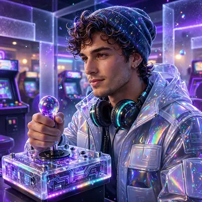 a mall arcade champion gripping a joystick in frosted-glass futurism illustration, frozen in a flash of early-2000s magic. Blacklight ultraviolet