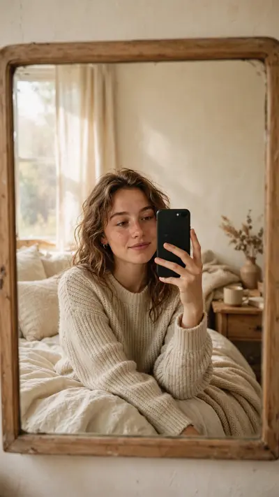 Create a vertical 9:16 portrait of a young woman taking a mirror selfie in soft morning window light. Cozy bedroom with cream tones, gentle shadows