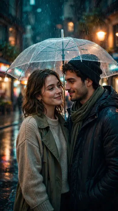 Create a vertical 9:16 portrait of a romantic couple sharing a transparent umbrella on a rainy city street at night. Soft rain drops visible in warm
